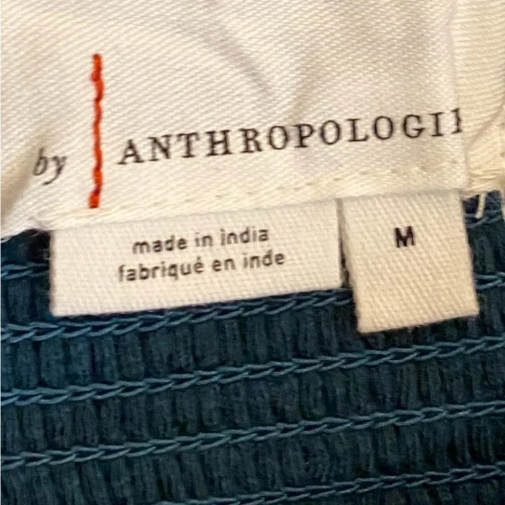 Anthropologie Boho Teal Embroidered Smocked Blouse with Puff Sleeves size Medium - Picture 5 of 10
